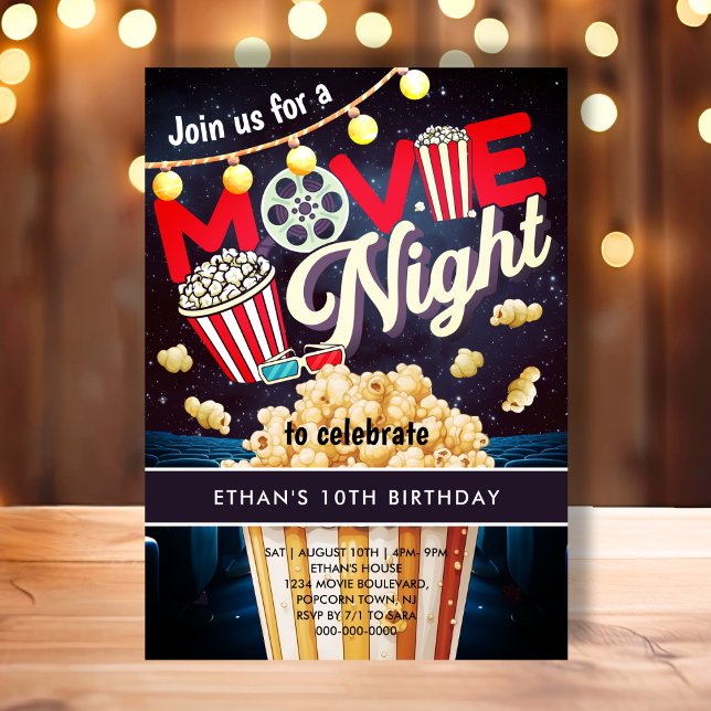 Movie Night Popcorn Kids Birthday Invitation (Creator Uploaded)