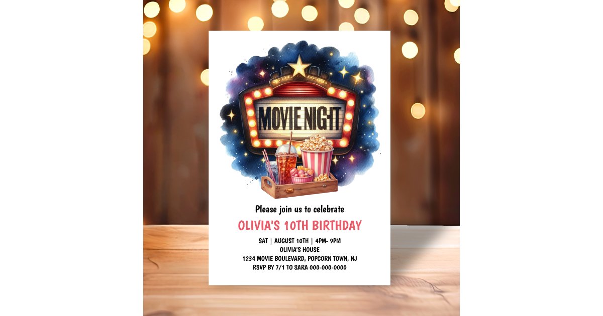Movie Night Popcorn Kids Birthday Invitation | Zazzle