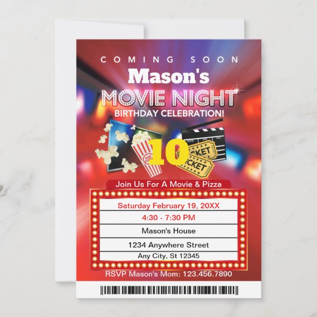 Movie Night Red Birthday Party Invitation (Front)