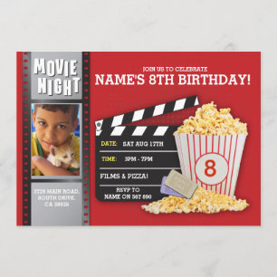 Movie Night Red Cinema Birthday Party Photo Invitation