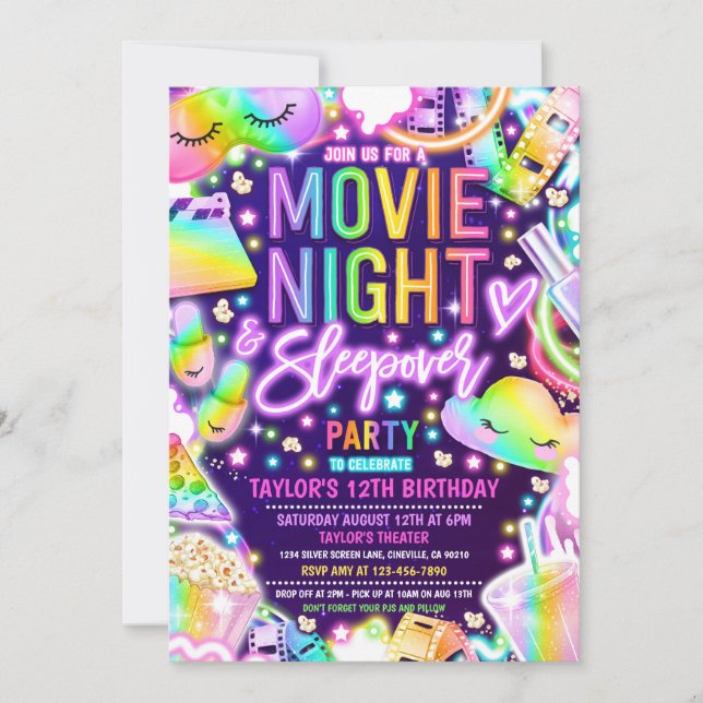 Movie Night Sleepover Neon Rainbow Birthday  Invitation (Front)