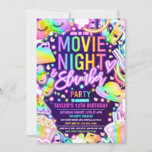Movie Night Slumber Party Neon Rainbow Birthday  Invitation