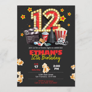 Movie night, Theatre - 12th Birthday Invitation