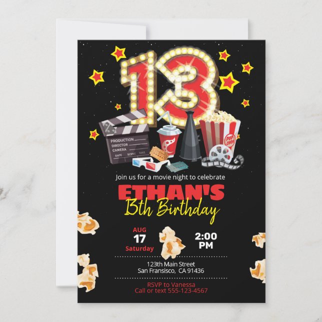 Movie night, Theatre - 13th Birthday Invitation (Front)