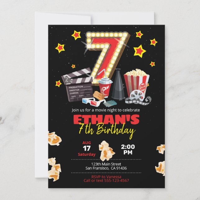 Movie night, Theatre - 7th Birthday Invitation (Front)