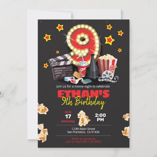Movie night, Theatre - 9th Birthday Invitation (Front)