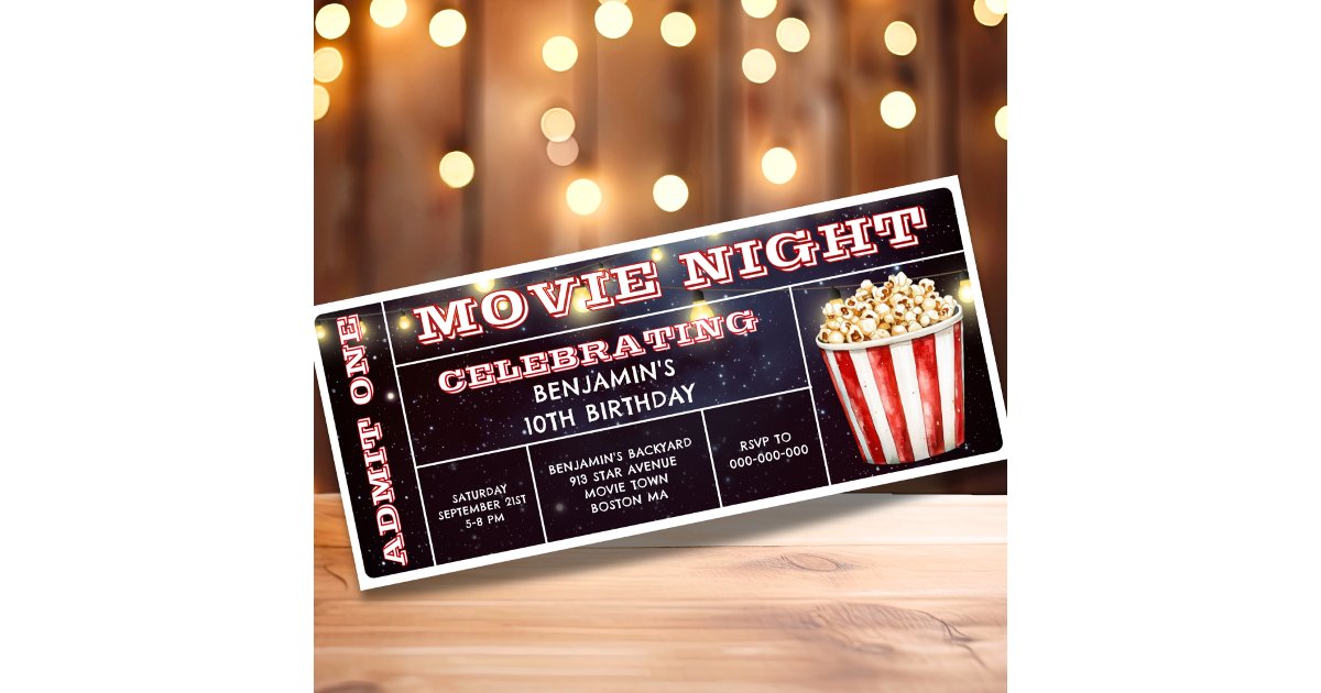 Movie Night Ticket Birthday Invitation | Zazzle