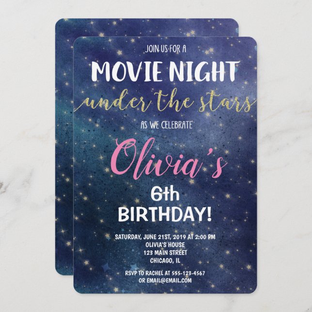 Movie night under the stars birthday invitations (Front/Back)