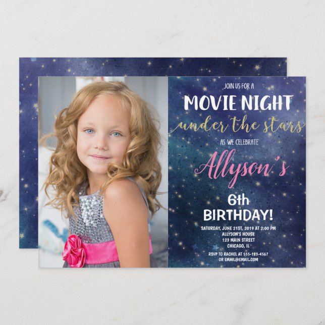 Movie night under the stars photo birthday invitation (Front/Back)