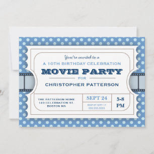 Movie Party Birthday Party Admission Ticket   Blue Invitation