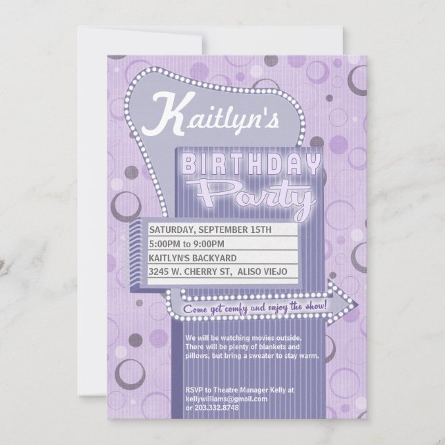 Movie Party Invitation Retro Drive In Marquee (Front)