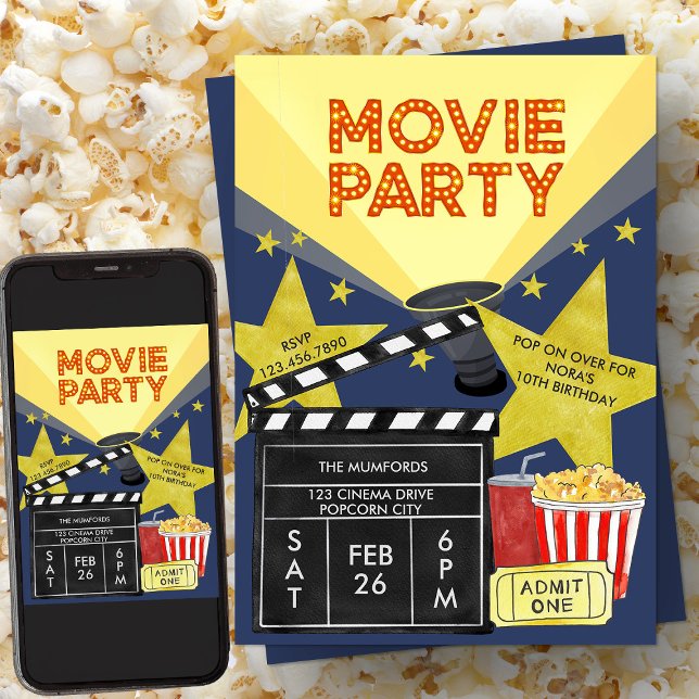 Movie Party Popcorn Clapperboard Cinema Birthday Invitation (Movie Party Invitation with Popcorn and Clapperboard from my Kids Birthday Invitation collection)