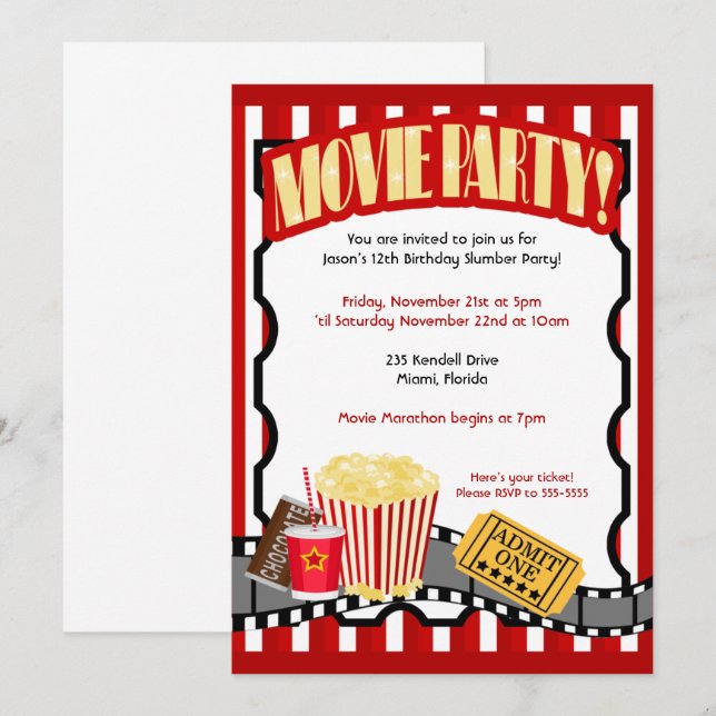 MOVIE PARTY Ticket Birthday Invitations *Updated* (Front/Back)