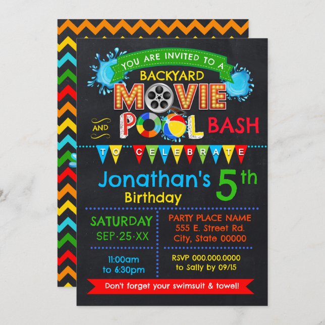 Movie Pool Birthday Party Bash Primary Colours Invitation (Front/Back)