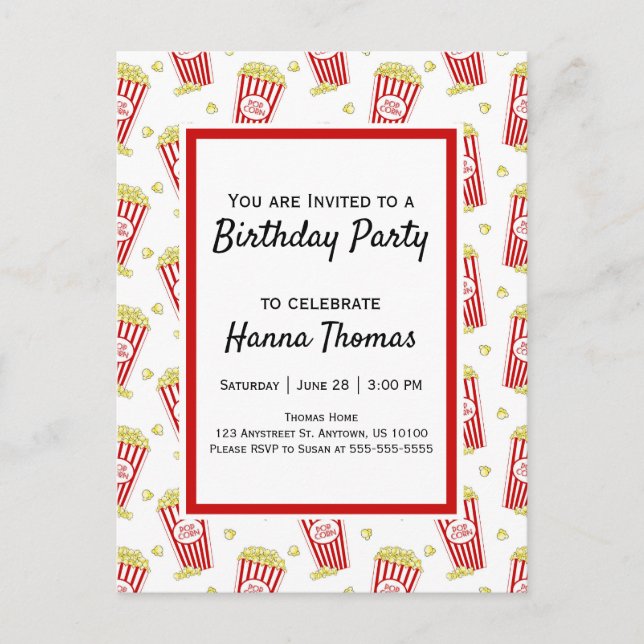 Movie Popcorn Birthday Invitation Postcard (Front)