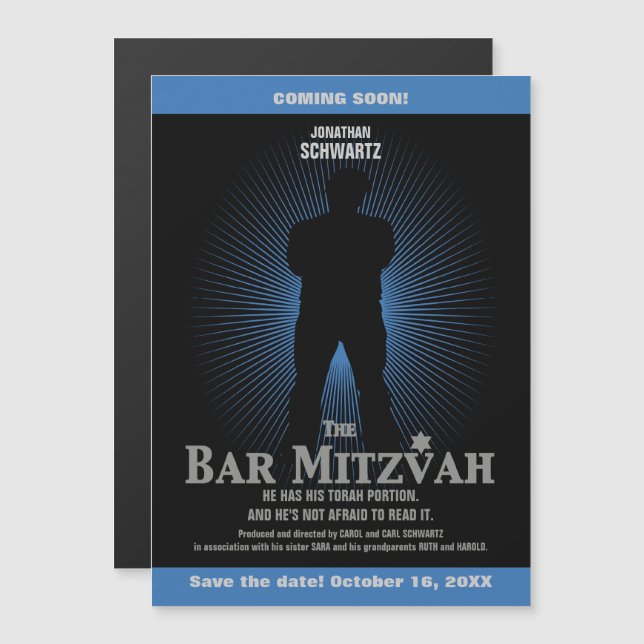 Movie Star Bar Mitzvah Save the Date Black Navy Magnetic Invitation (Front/Back)