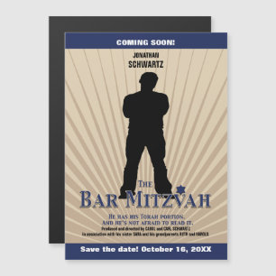 Movie Star Bar Mitzvah Save the Date Tan Navy Blue Magnetic Invitation