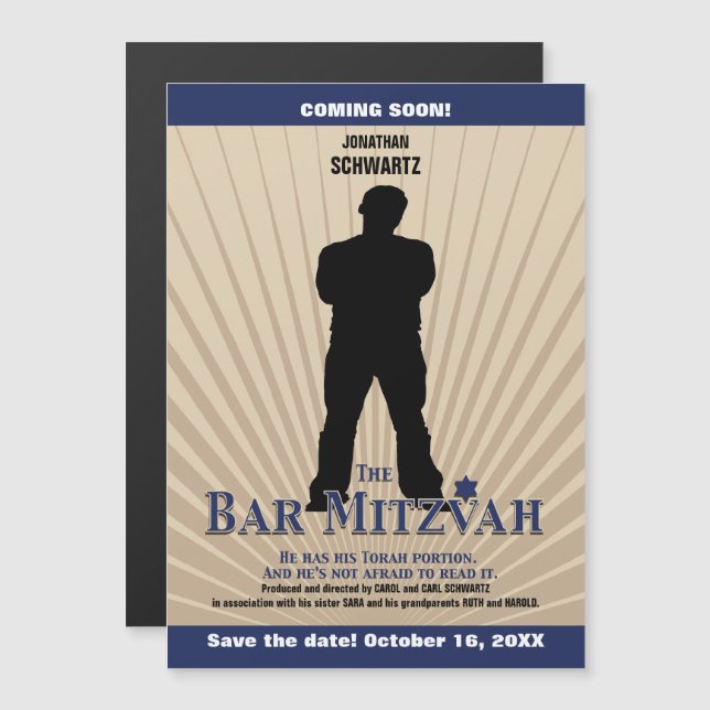 Movie Star Bar Mitzvah Save the Date Tan Navy Blue Magnetic Invitation (Front/Back)