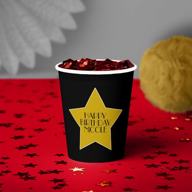Movie Star Birthday Black And Gold Stars Paper Cups (Creator Uploaded)