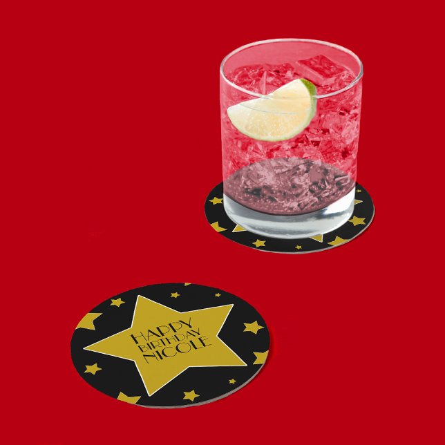 Movie Star Birthday Black And Gold Stars Round Paper Coaster (Creator Uploaded)
