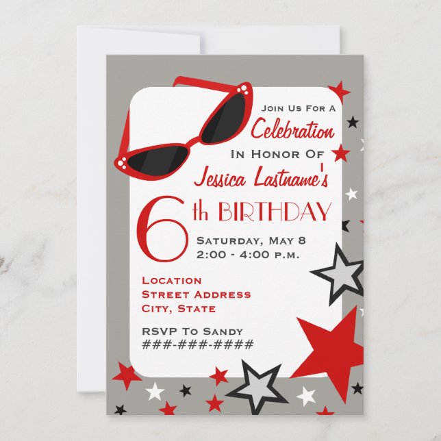 Movie Star Red Sunglasses & Stars Girl's Birthday Invitation (Front)