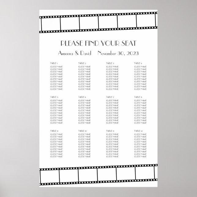 Movie Stars Film Strip Wedding Seating Chart (Front)