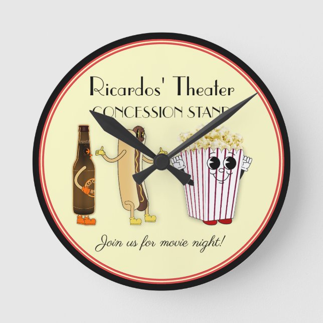 Movie Theatre Concession Stand Hotdog Popcorn  Round Clock (Front)