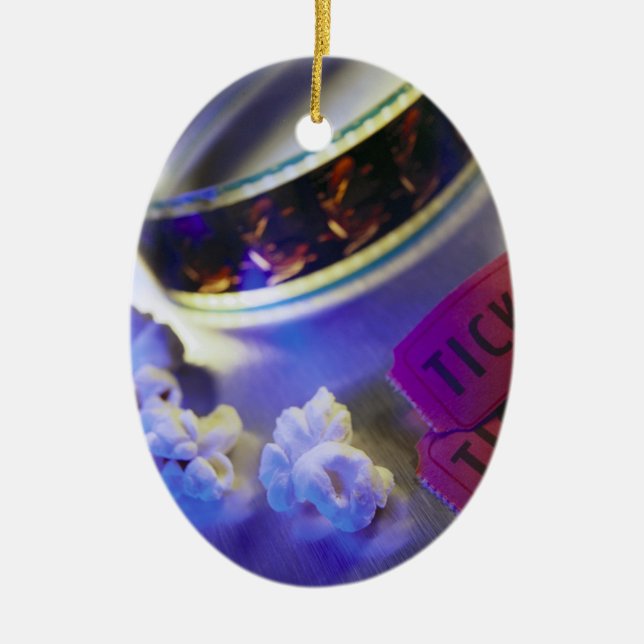 Movie Theatre Film, Popcorn & Tickets Ceramic Ornament (Front)