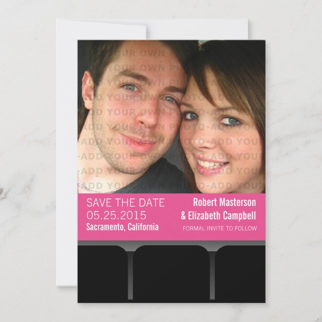 Movie Theatre Photo Save the Date Invite, Magenta (Front)
