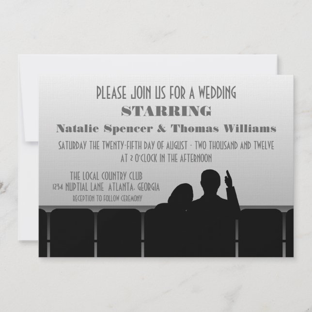 Movie Theatre Wedding Invite, Grey Invitation (Front)