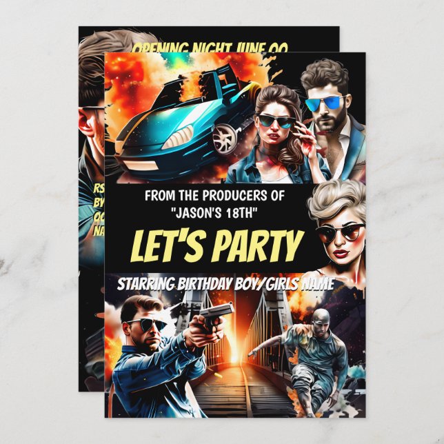 Movie theme action thriller poster adults birthday invitation (Front/Back)