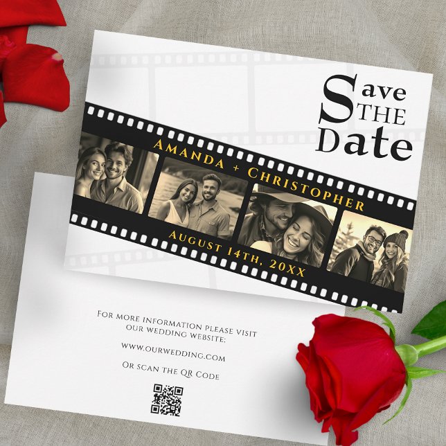 Movie Theme Filmstrip Custom Wedding Save The Date (Modern Filmstrip QR Code Photo Wedding Save The Date)