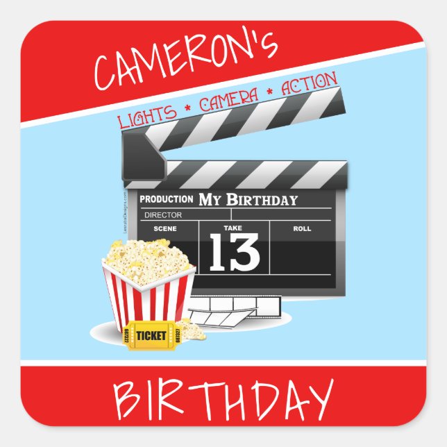 Movie Theme Popcorn 13th Birthday Square Sticker (Front)