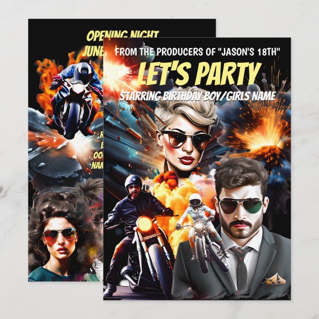 Movie theme villains heroes action adventure invitation (Front/Back)