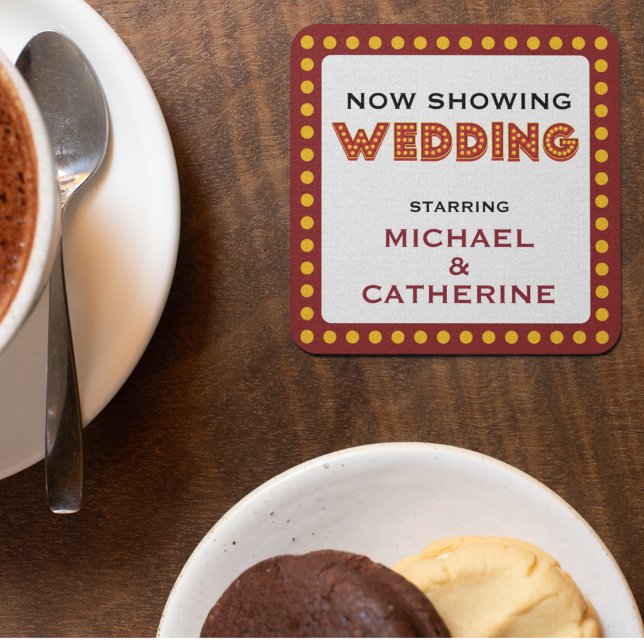 Movie Theme Wedding Marquee Sign Square Paper Coaster (Creator Uploaded)