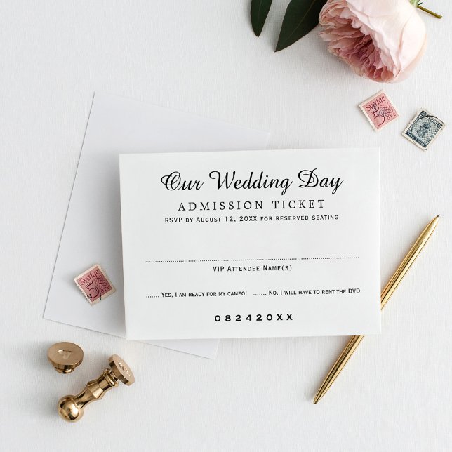 Movie Ticket Admission Black and White Wedding RSVP Card (Creator Uploaded)