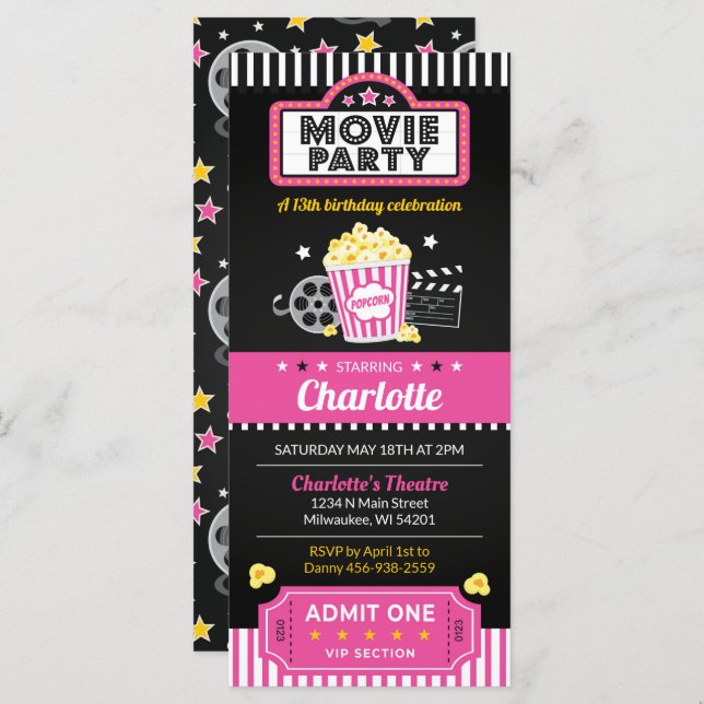 Movie Ticket Invite, Movie Night Invitation Pink (Front/Back)