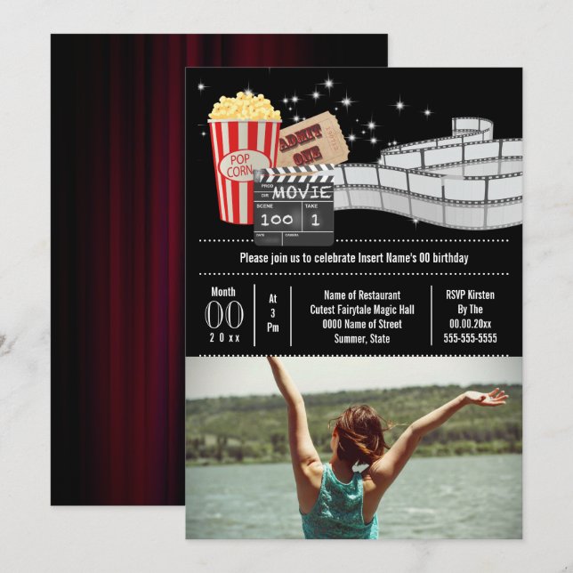 Movie VIP photo film reel popcorn adult party Invitation (Front/Back)