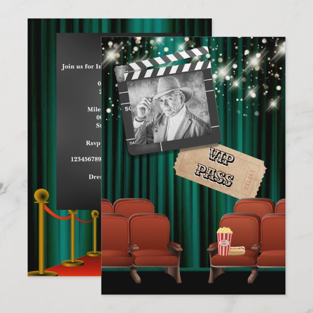 Movie VIP photo lights cinema screening party teal Invitation (Front/Back)