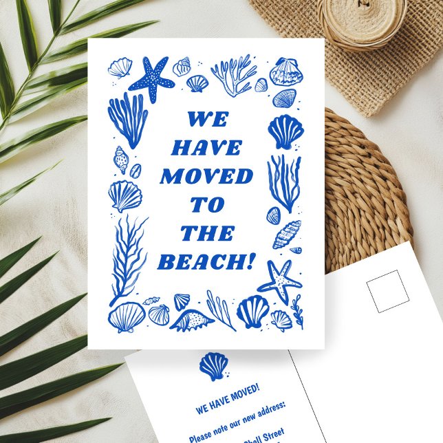 MOVING ANNOUNCEMENT ADDRESS Blue Seashells Beach Postcard ("We have moved to the beach" MOVING ANNOUNCEMENT NEW ADDRESS Change Blue Seashells Beach Postcard
)