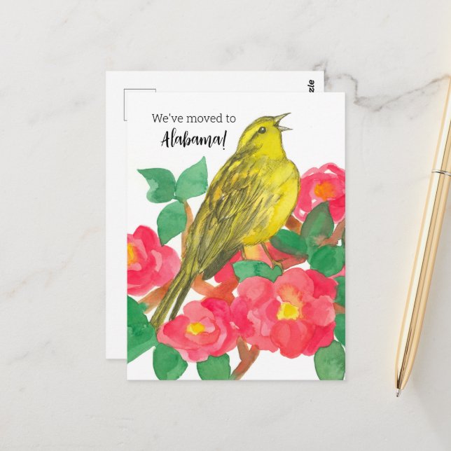 Moving Announcement Alabama Yellowhammer Camellias Postcard (Front/Back In Situ)