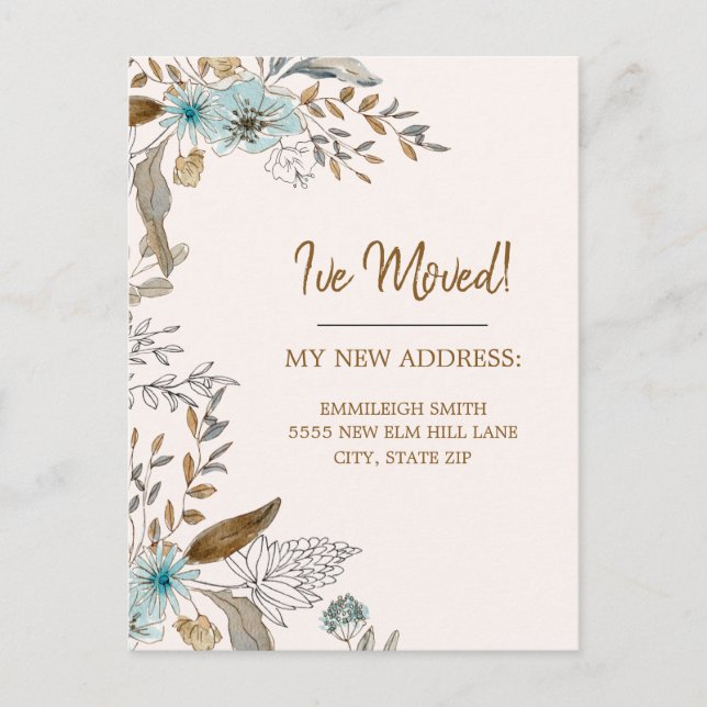 Moving Announcement Blue Brown Floral Leaves Postcard (Front)