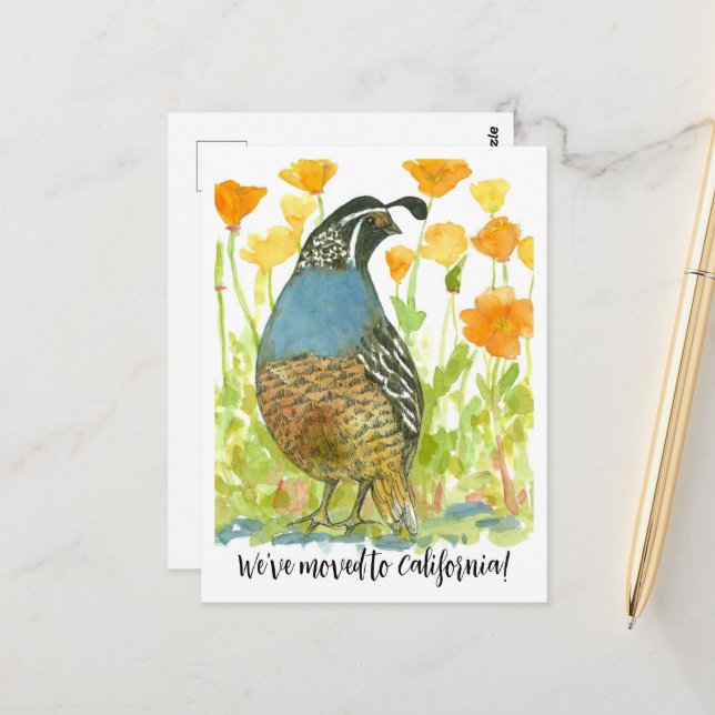 Moving Announcement California Quail Poppies Postcard (Front/Back In Situ)
