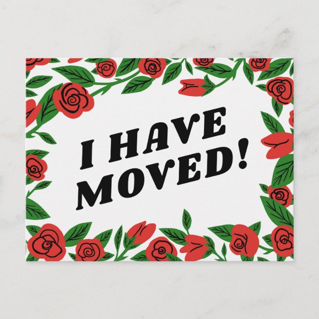 MOVING ANNOUNCEMENT Colourful Red Rose Frame Custo Postcard (Front)