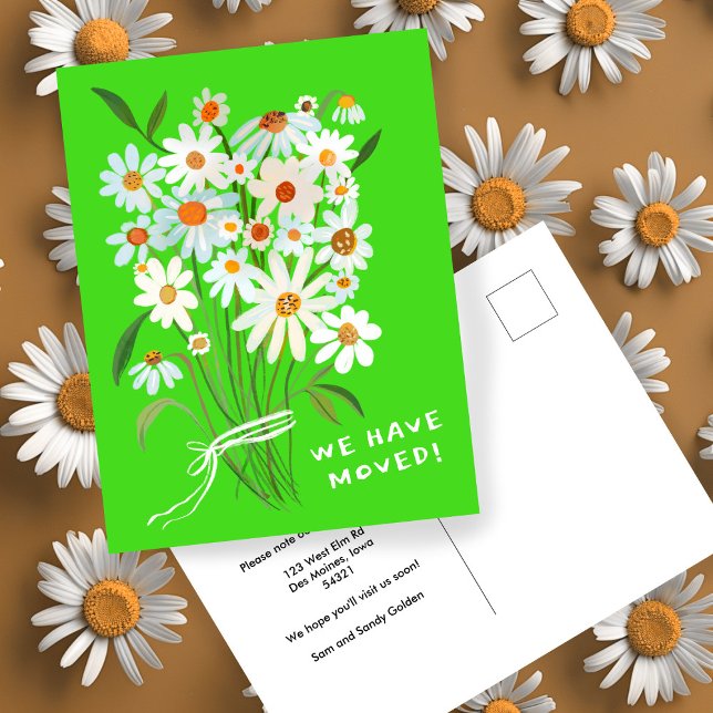 MOVING ANNOUNCEMENT Cute Daisy Bouquet Handpainted Postcard (MOVING ANNOUNCEMENT Cute Daisy Bouquet Handpainted Lime Neon Postcard
)