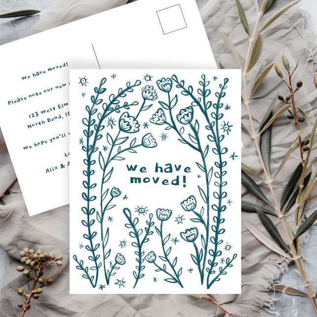 Moving Announcement Floral Frame Sketch Doodle  Postcard (Moving Announcement Floral Frame Sketch Doodle Postcard
Whimsical Custom Change of Address)