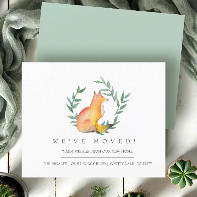Moving Announcement Flyer Watercolor Fox (moving announcement watercolor fox laurel wreath greenery art by Victoria Grigaliunas)