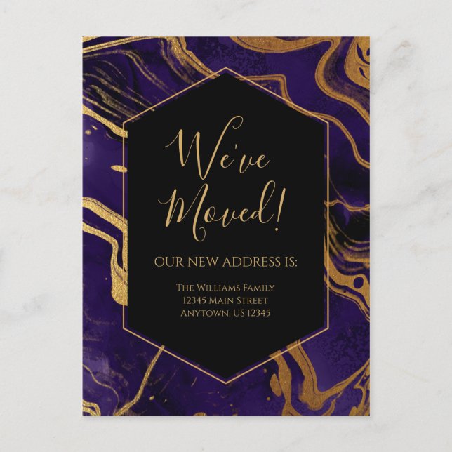 Moving Announcement Gold Purple Marble Ink Modern Postcard (Front)