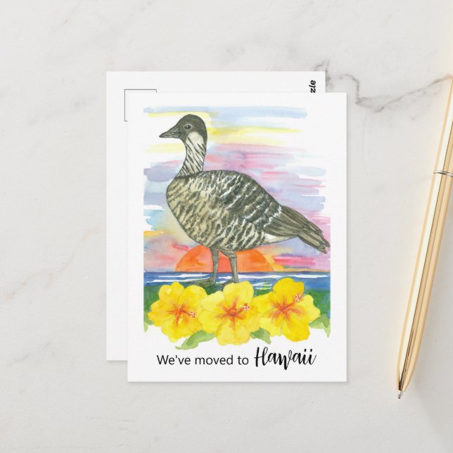 Moving Announcement Hawaii Nene Goose Hibiscus Postcard (Front/Back In Situ)