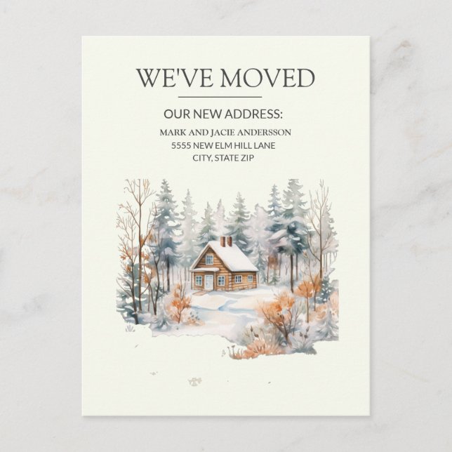 Moving Announcement Log Cabin Snow  Postcard (Front)